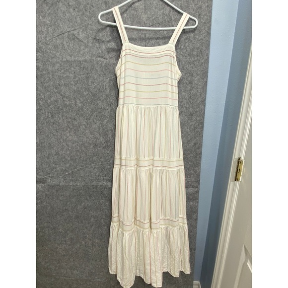 LOFT‎ Striped Linen Maxi Dress Size 0 Tiered White Rainbow Stitching - Picture 1 of 11